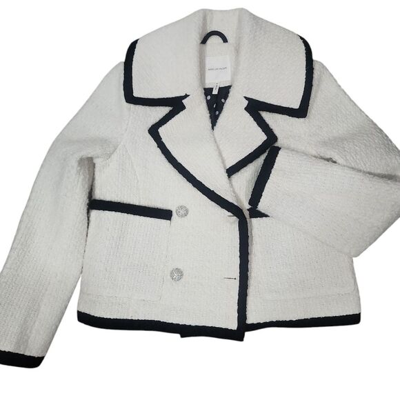 Avec Les Filles Black and White Blazer Tweed Double Breasted Tipped Jacket. M - Picture 14 of 16